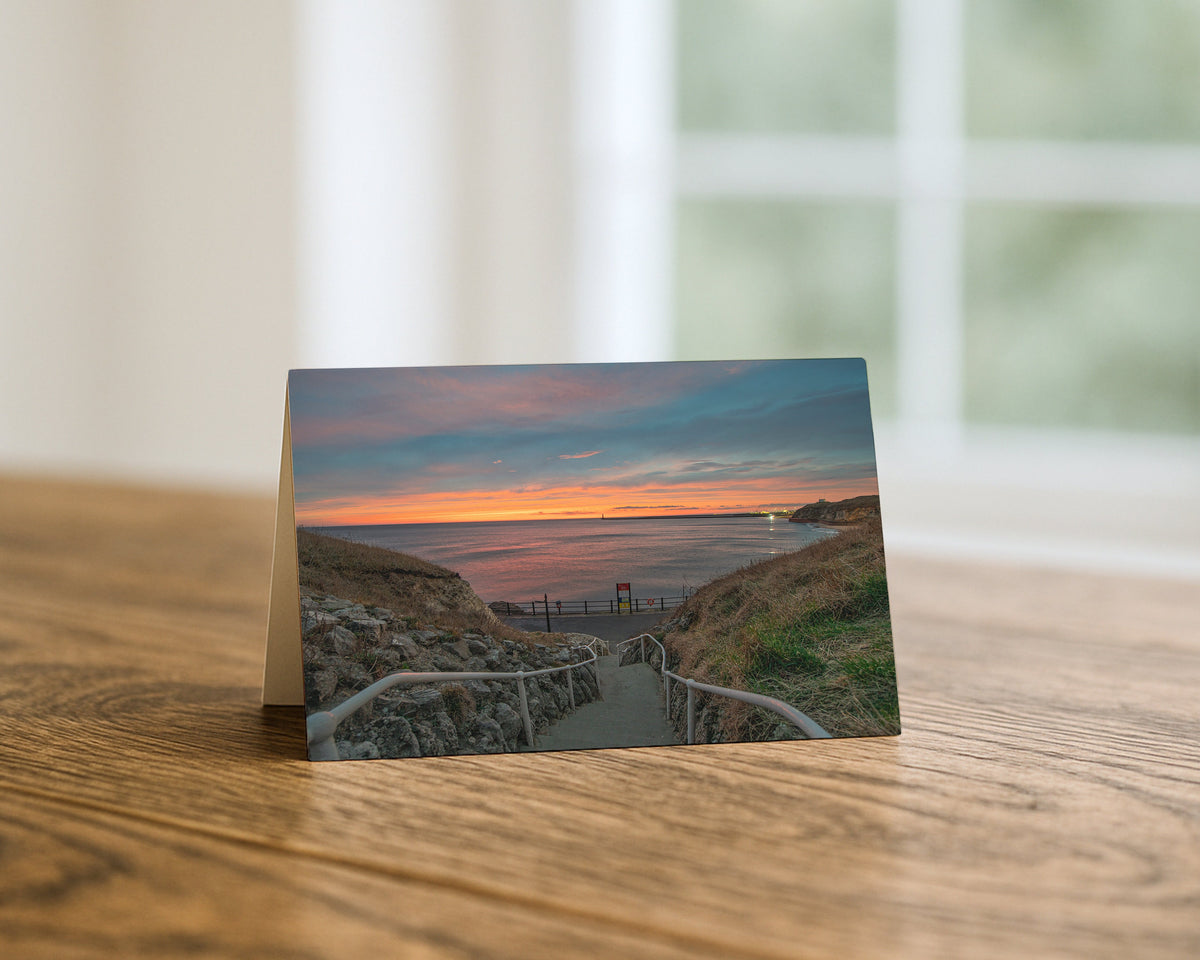 Cat and Dog Steps at Sunset blank A5 greetings card, Roker Beach, Sunderland, by North East Captures