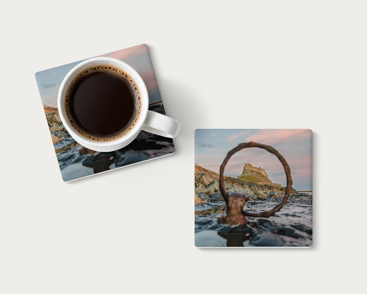 Lindisfarne Castle Through the Ring photography coaster featuring Holy Island, Northumberland