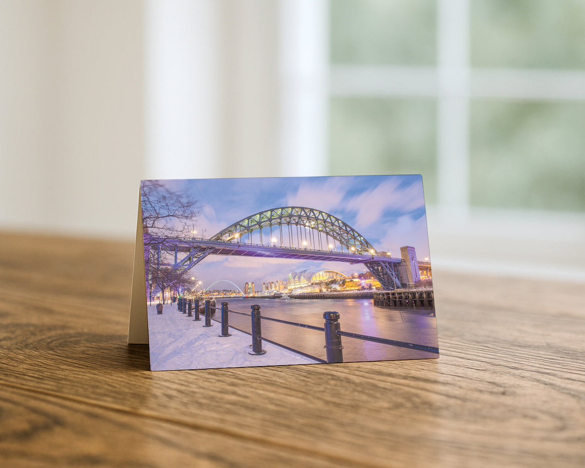 Snow-Covered Quayside and Tyne Bridge blank A5 greetings card, Newcastle, by North East Captures