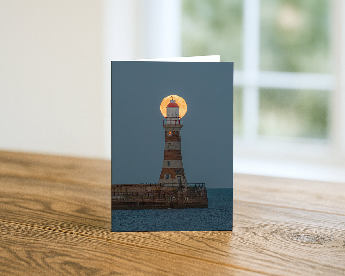 Roker Pier Lighthouse and Harvest Moon blank A5 greetings card, Sunderland, by North East Captures