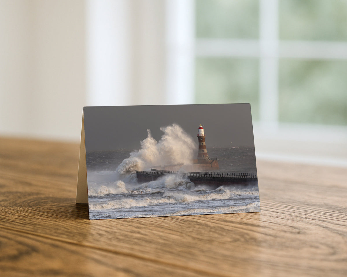 Roker Pier Lighthouse Storm Wave blank A5 greetings card, Sunderland, by North East Captures