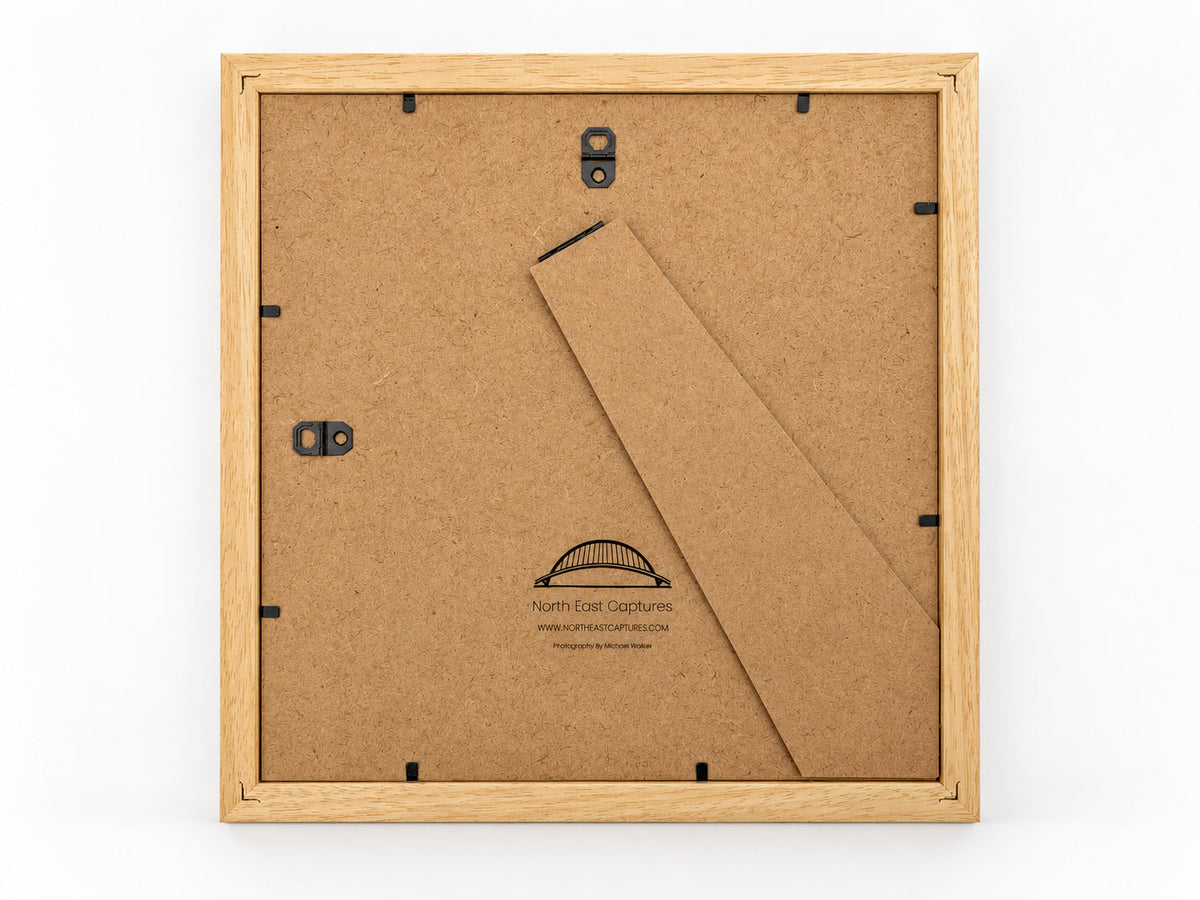 Back of the solid wood box frame showing strut stand, hanging fittings and North East Captures branding