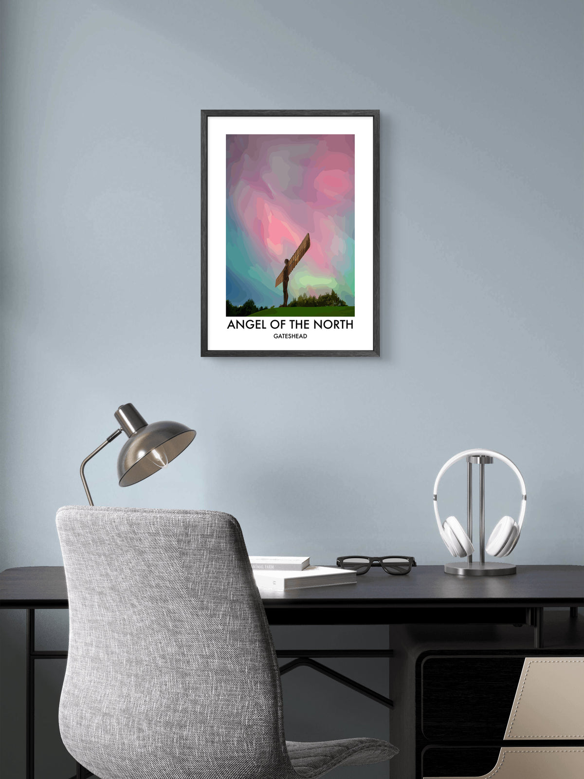 Angel of the North Pastel Sky framed vector art print displayed in a room setting