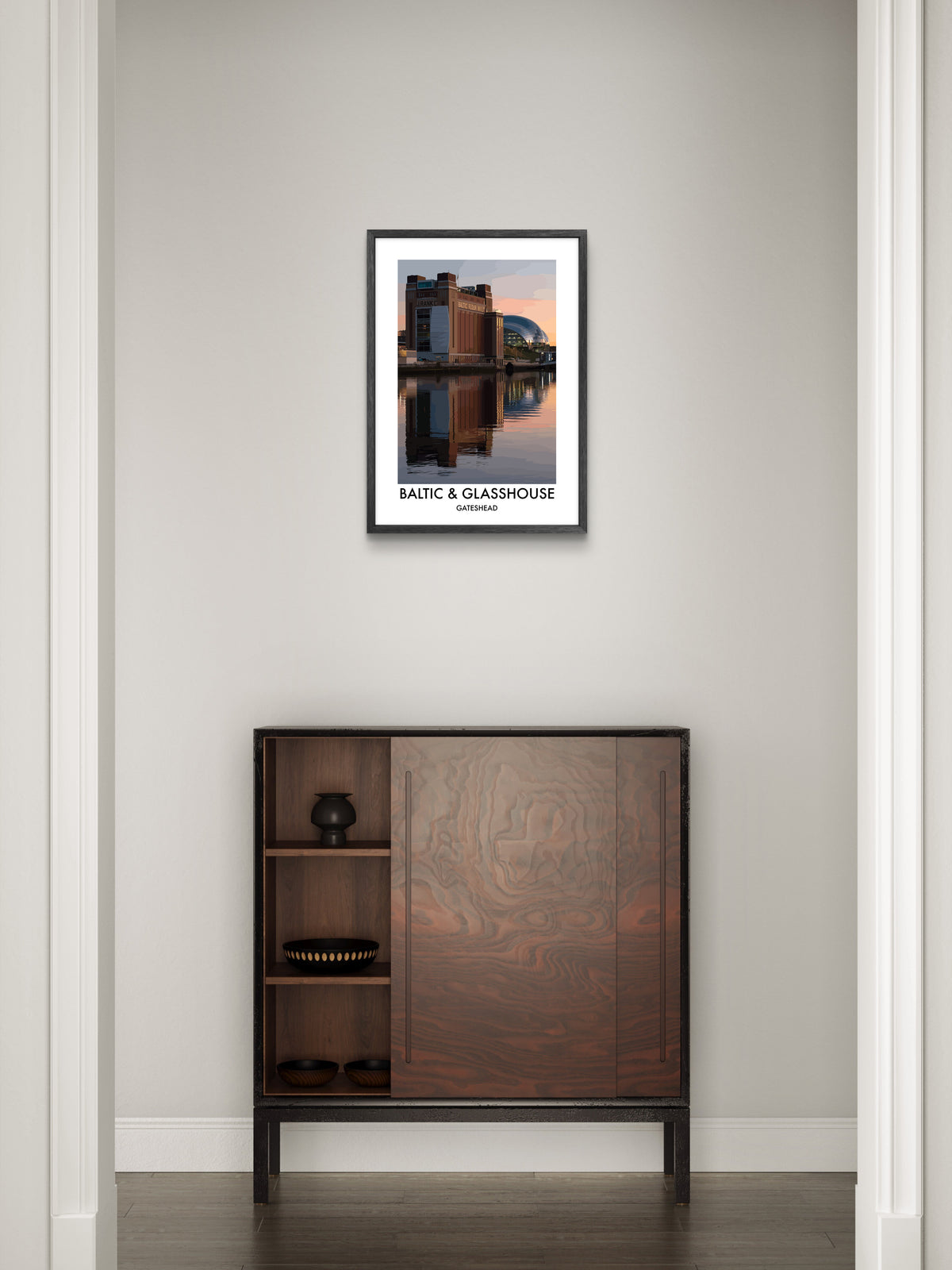 Baltic and Glasshouse Reflections framed vector art print displayed in a room setting