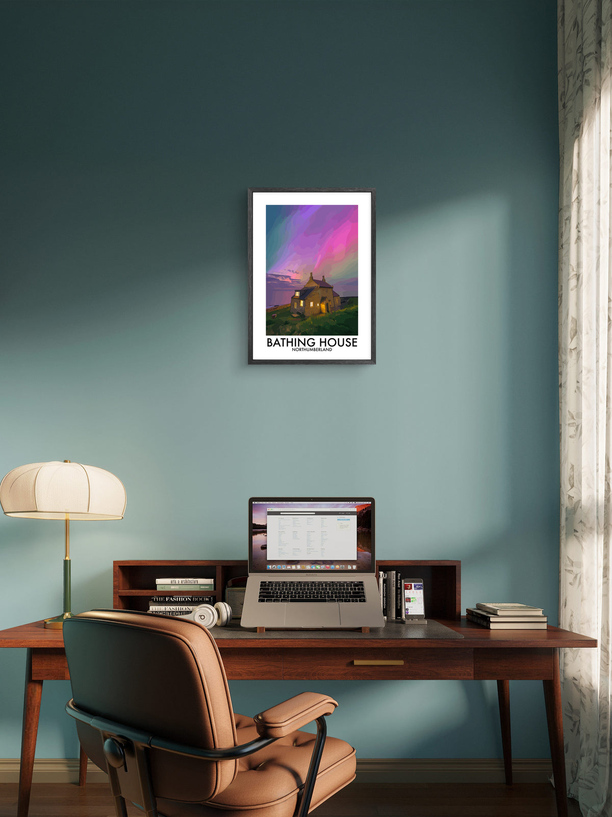 Bathing House Colourful Night Sky framed vector art print displayed in a room setting
