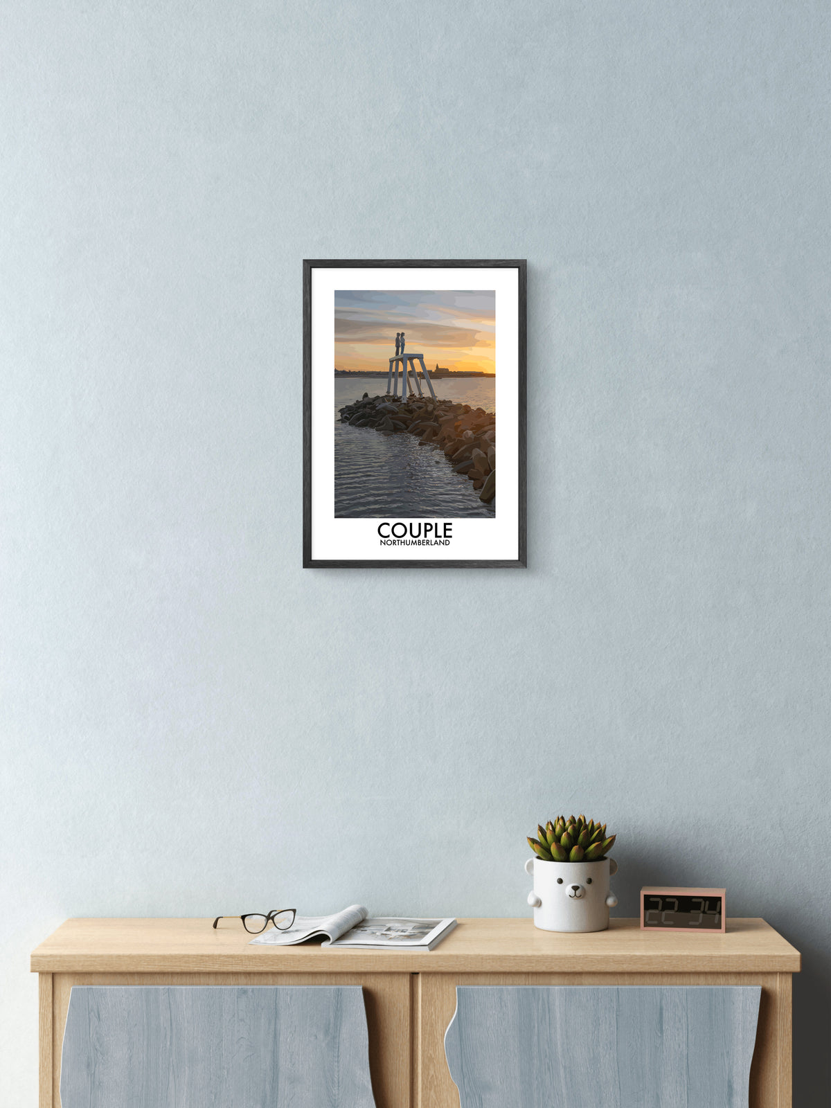 Couple Sculpture Newbiggin framed vector art print displayed in a room setting