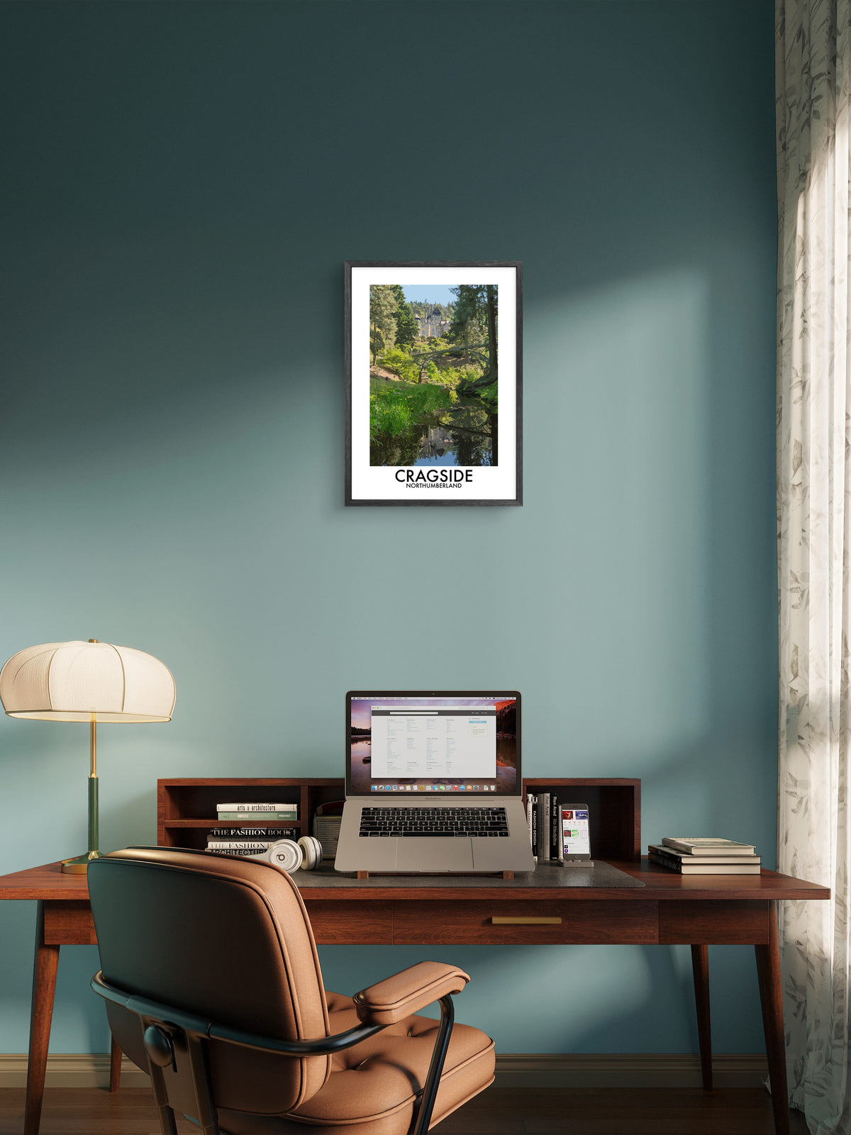 Cragside House and Bridge framed vector art print displayed in a room setting