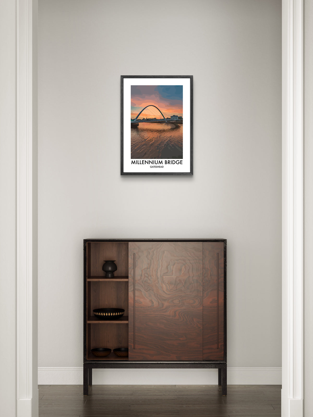 Gateshead Millennium Bridge Warm Sky framed vector art print displayed in a room setting