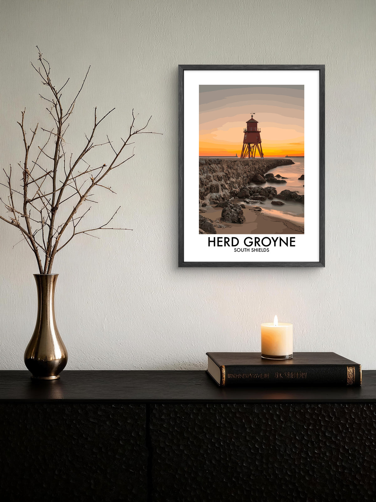 Herd Groyne Lighthouse Golden Sky framed vector art print displayed in a room setting