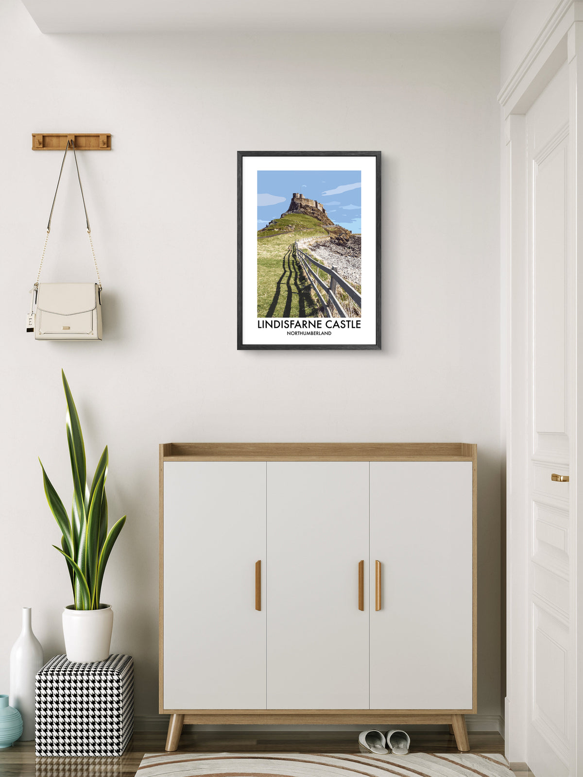 Lindisfarne Castle Fence and Shadows framed vector art print displayed in a room setting