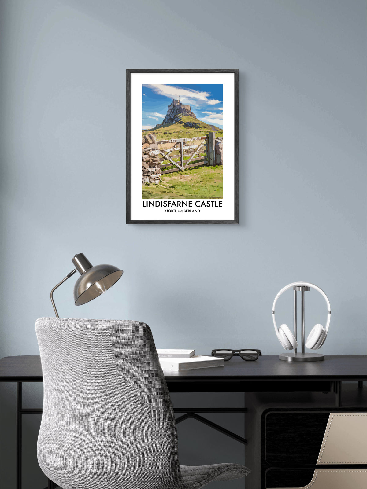 Lindisfarne Castle Gate View framed vector art print displayed in a room setting