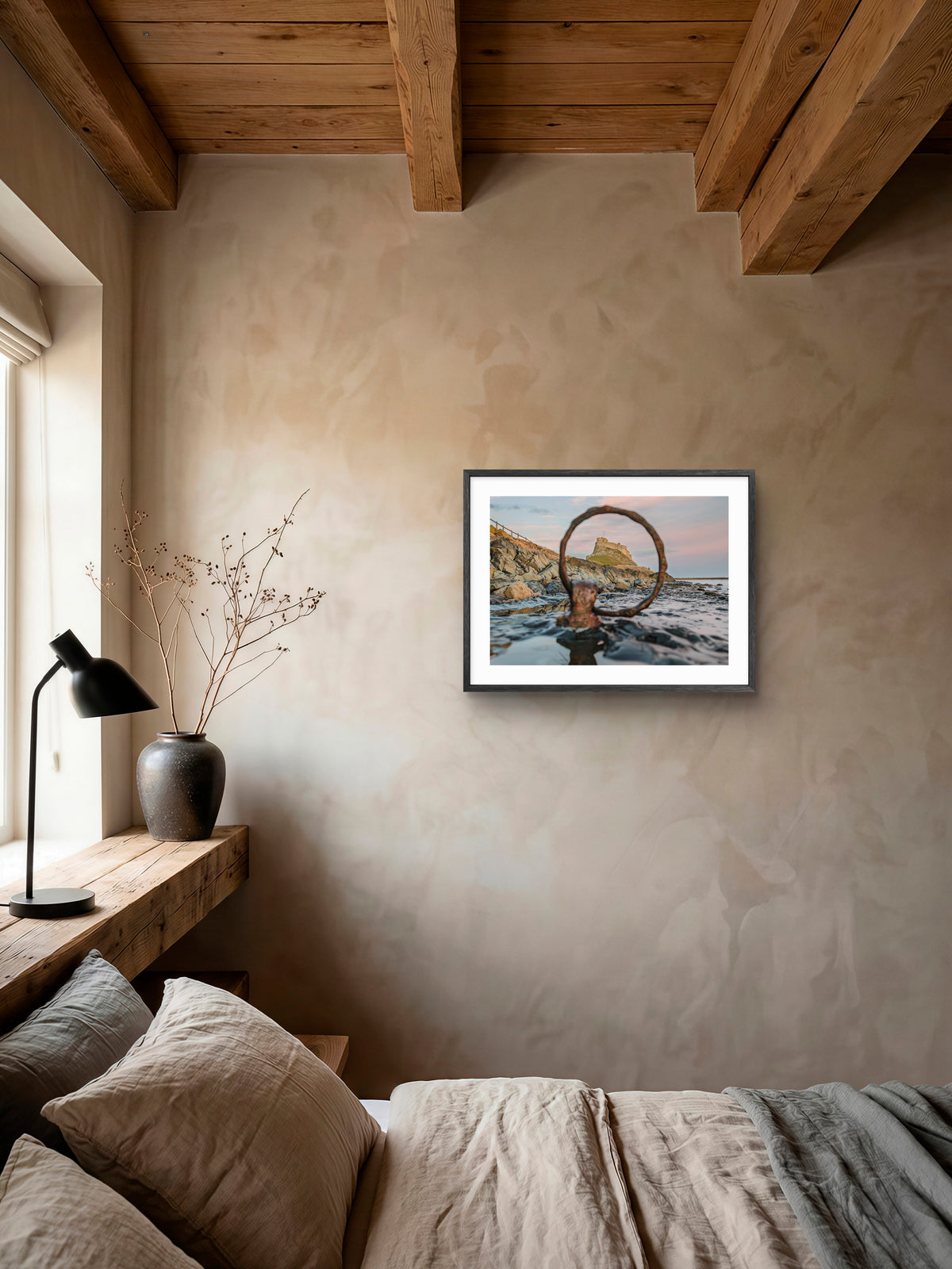 Lindisfarne Castle Mooring Ring Landscape — framed artwork shown in a room
