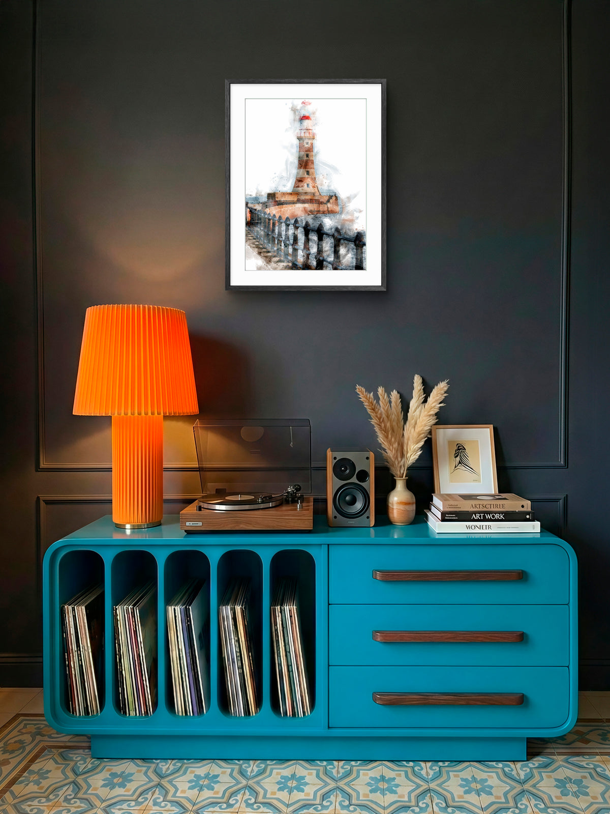 Roker Pier Lighthouse, portrait digital watercolour displayed in a room mockup