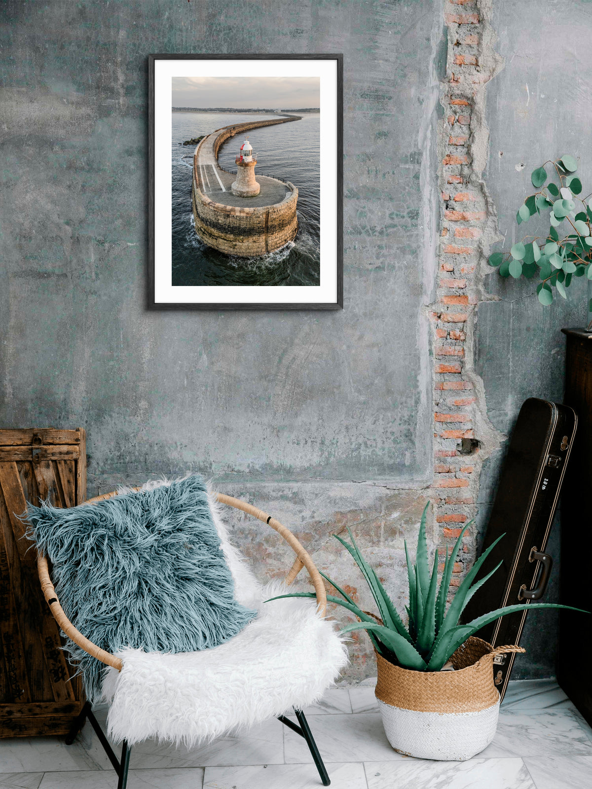 South Shields Pier Lighthouse Aerial Portrait — framed artwork shown in a room
