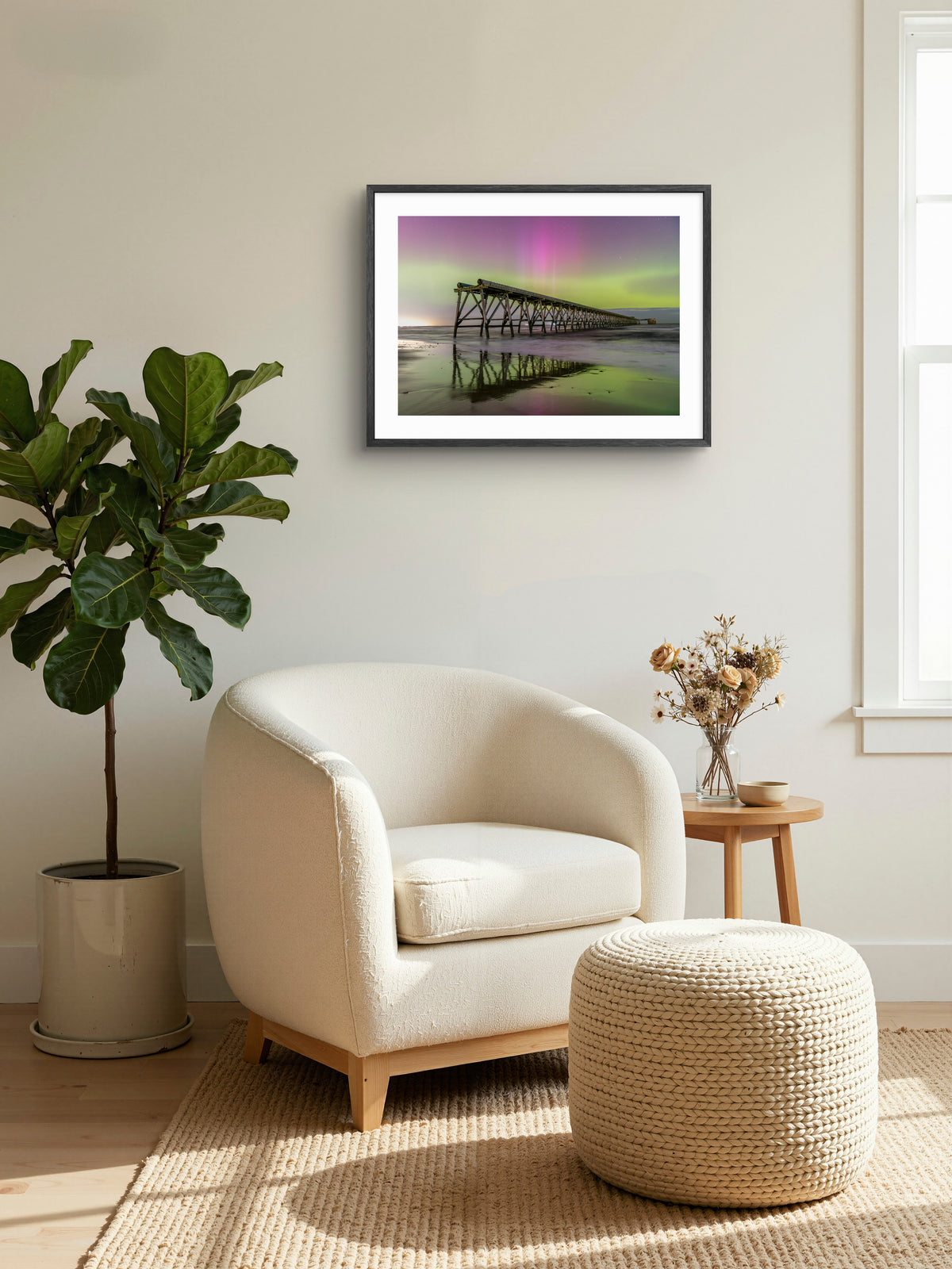 Steetley Pier Northern Lights Reflections — framed print in a room setting