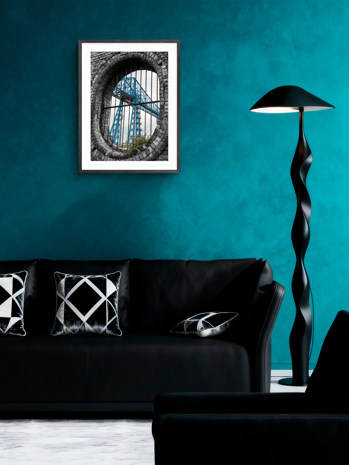 Tees Transporter Bridge Through Brick Arch Portrait — framed artwork shown in a room