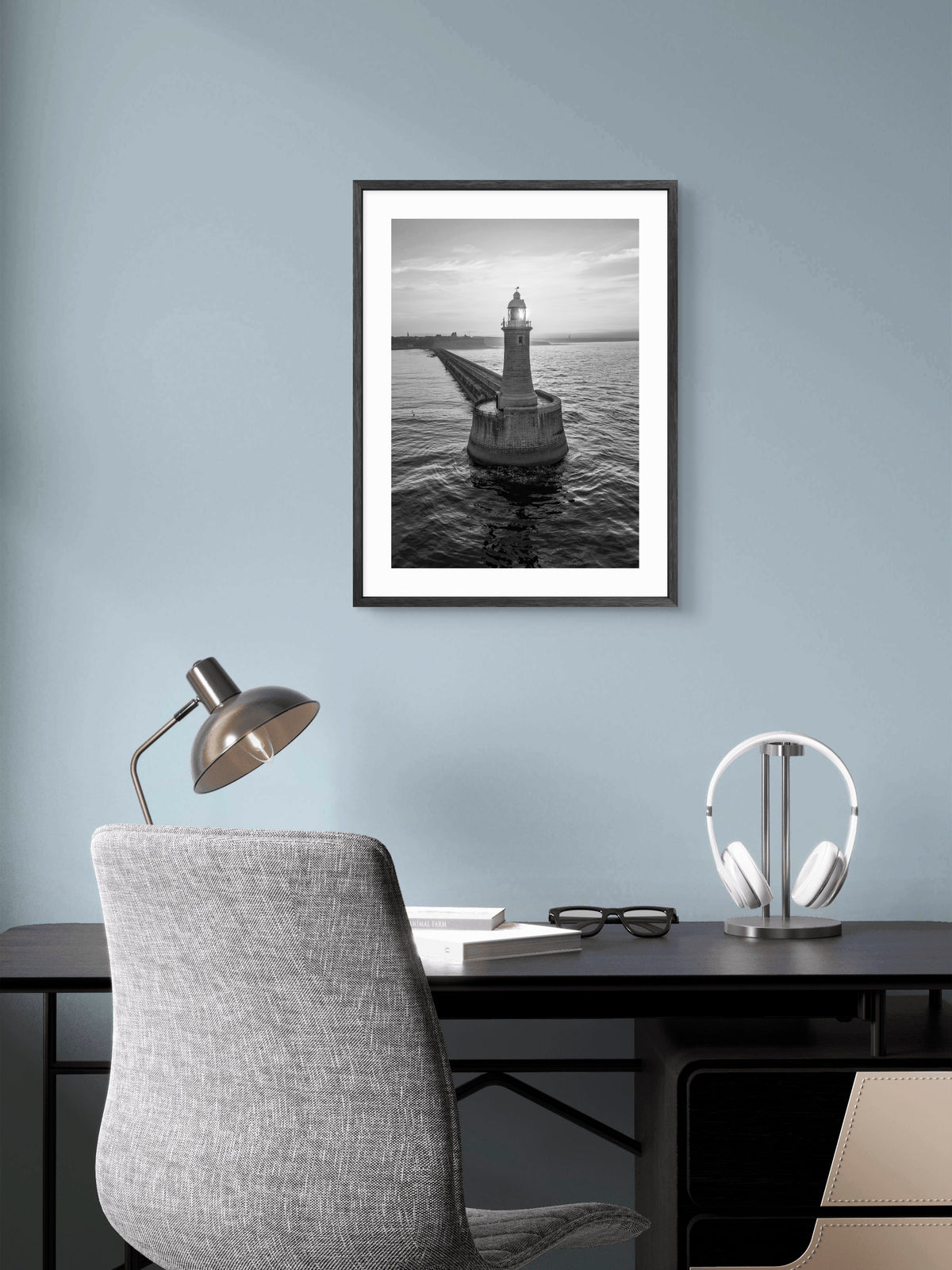 Tynemouth Pier Lighthouse Black & White Portrait — framed artwork shown in a room