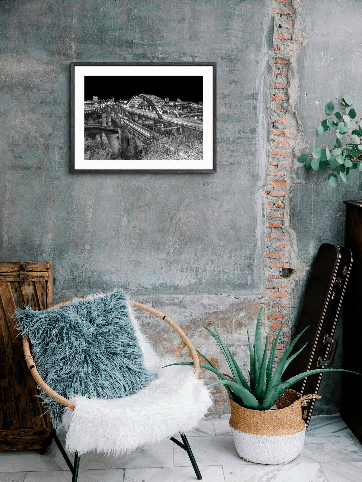 Wearmouth Bridges at Night Black & White — framed artwork shown in a room
