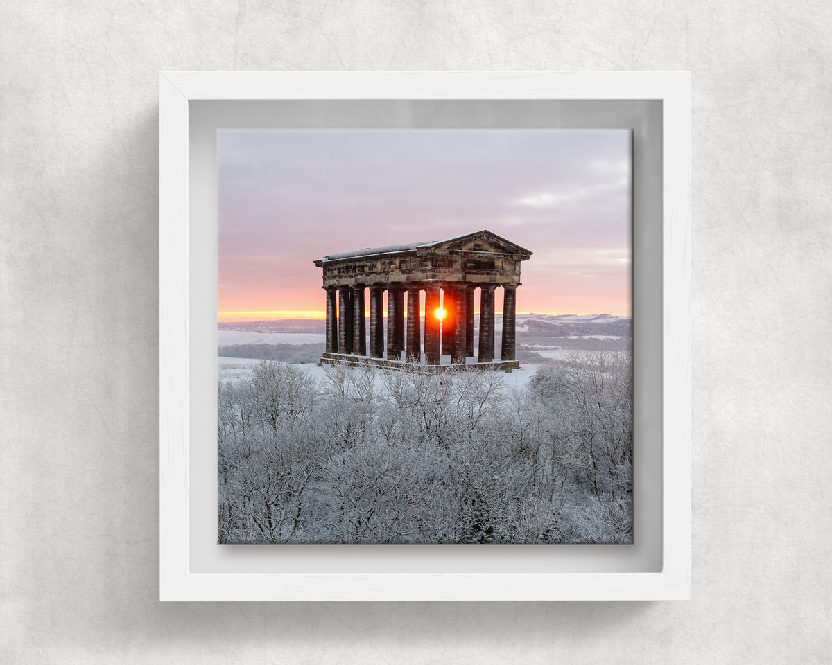 Penshaw Monument in Snow on an 8×8 inch ceramic tile in a white box frame, front view