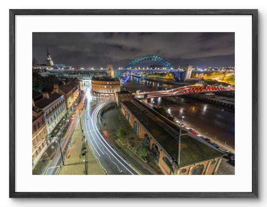 Newcastle Quayside - Seen from the High Level Bridge - Newcastle shown as a framed photographic print.