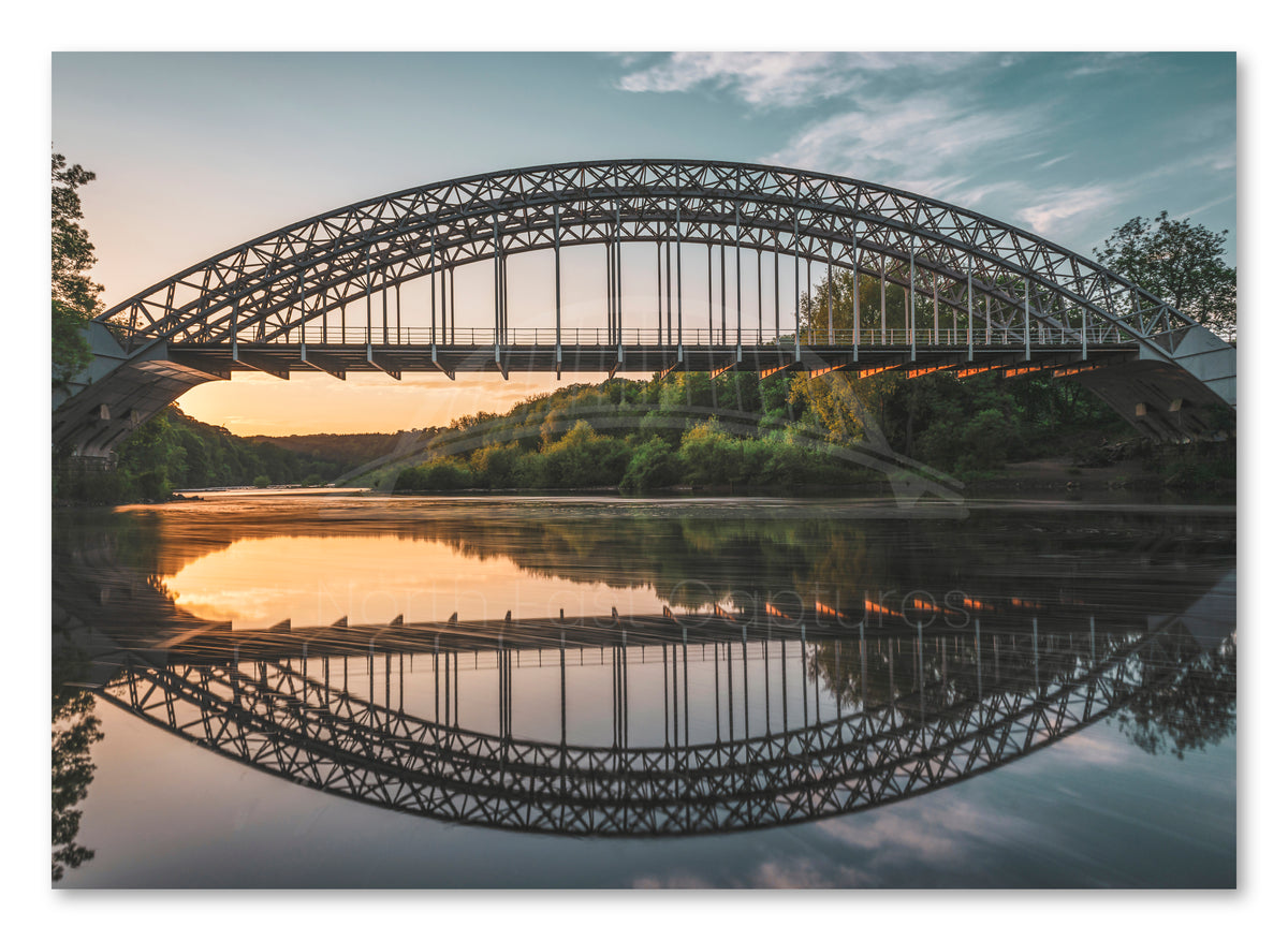 Wylam Railway Bridge Sunset - Hagg Bank Bridge - Half-Moon Bridge - Northumberland shown as a canvas print.