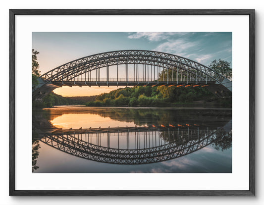 Wylam Railway Bridge Sunset - Hagg Bank Bridge - Half-Moon Bridge - Northumberland shown as a framed photographic print.