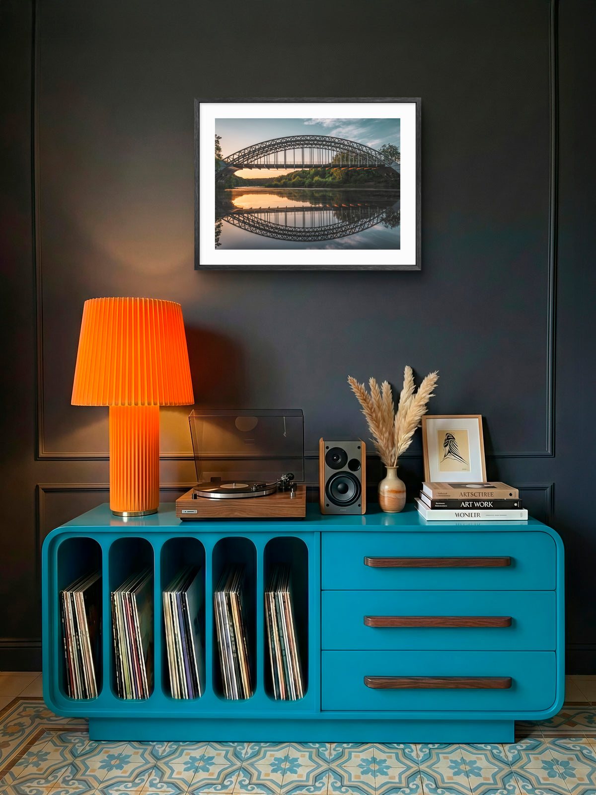 Wylam Railway Bridge Sunset - Hagg Bank Bridge - Half-Moon Bridge - Northumberland wall art displayed in a styled room setting.