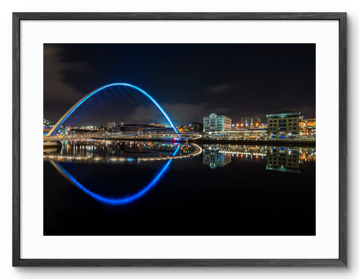 Millennium Bridge Gateshead - Gateshead Quay's - Night - Gateshead shown as a framed photographic print.
