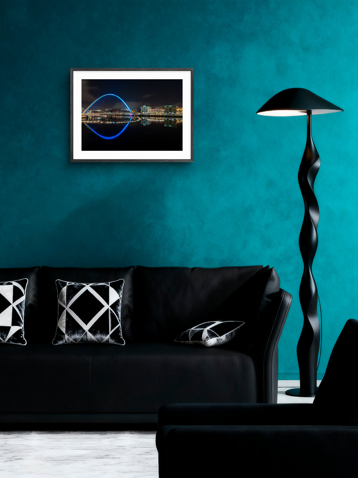 Millennium Bridge Gateshead - Gateshead Quay's - Night - Gateshead wall art displayed in a styled room setting.