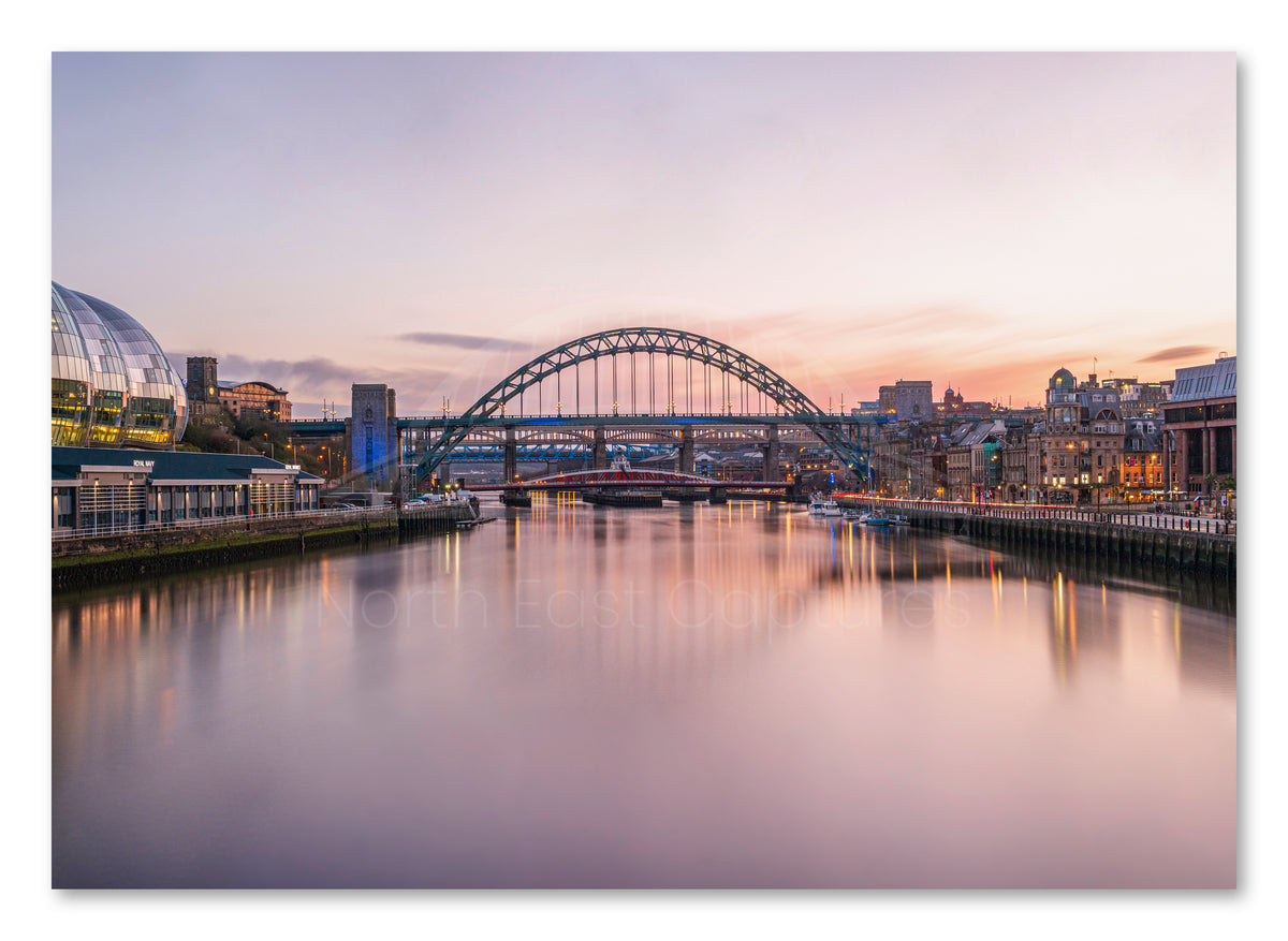 Tyne Bridge and Quayside | Sunset Reflections | Newcastle shown as a canvas print.