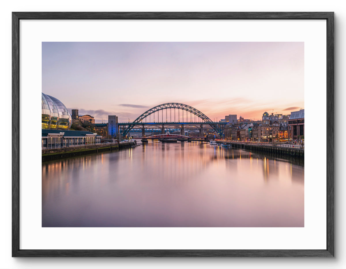 Tyne Bridge and Quayside | Sunset Reflections | Newcastle shown as a framed photographic print.