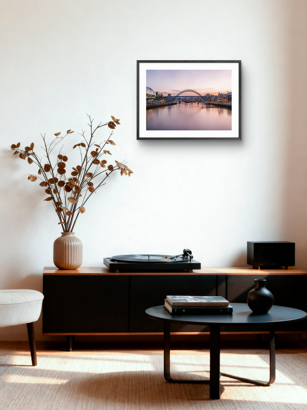 Tyne Bridge and Quayside | Sunset Reflections | Newcastle wall art displayed in a styled room setting.