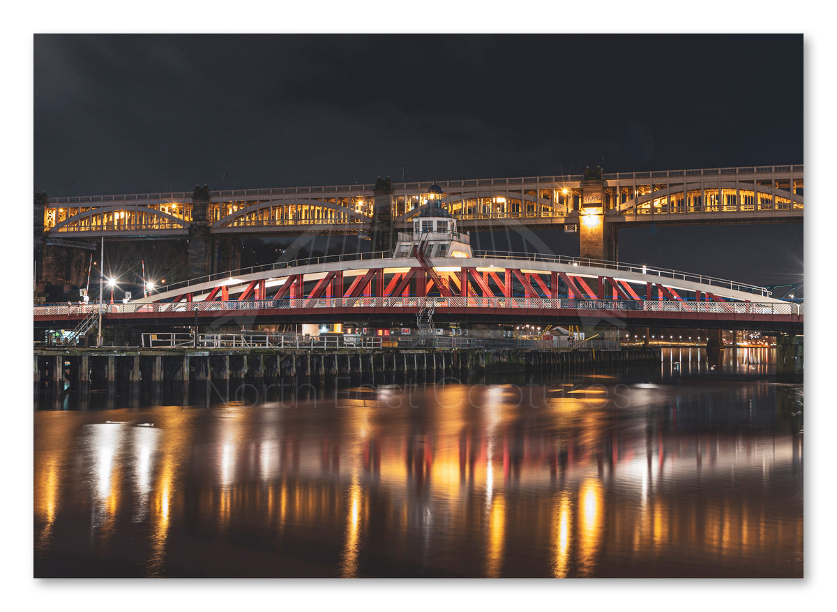 High Level Bridge - Swing Bridge - Newcastle at Night - Newcastle - Gateshead shown as a canvas print.