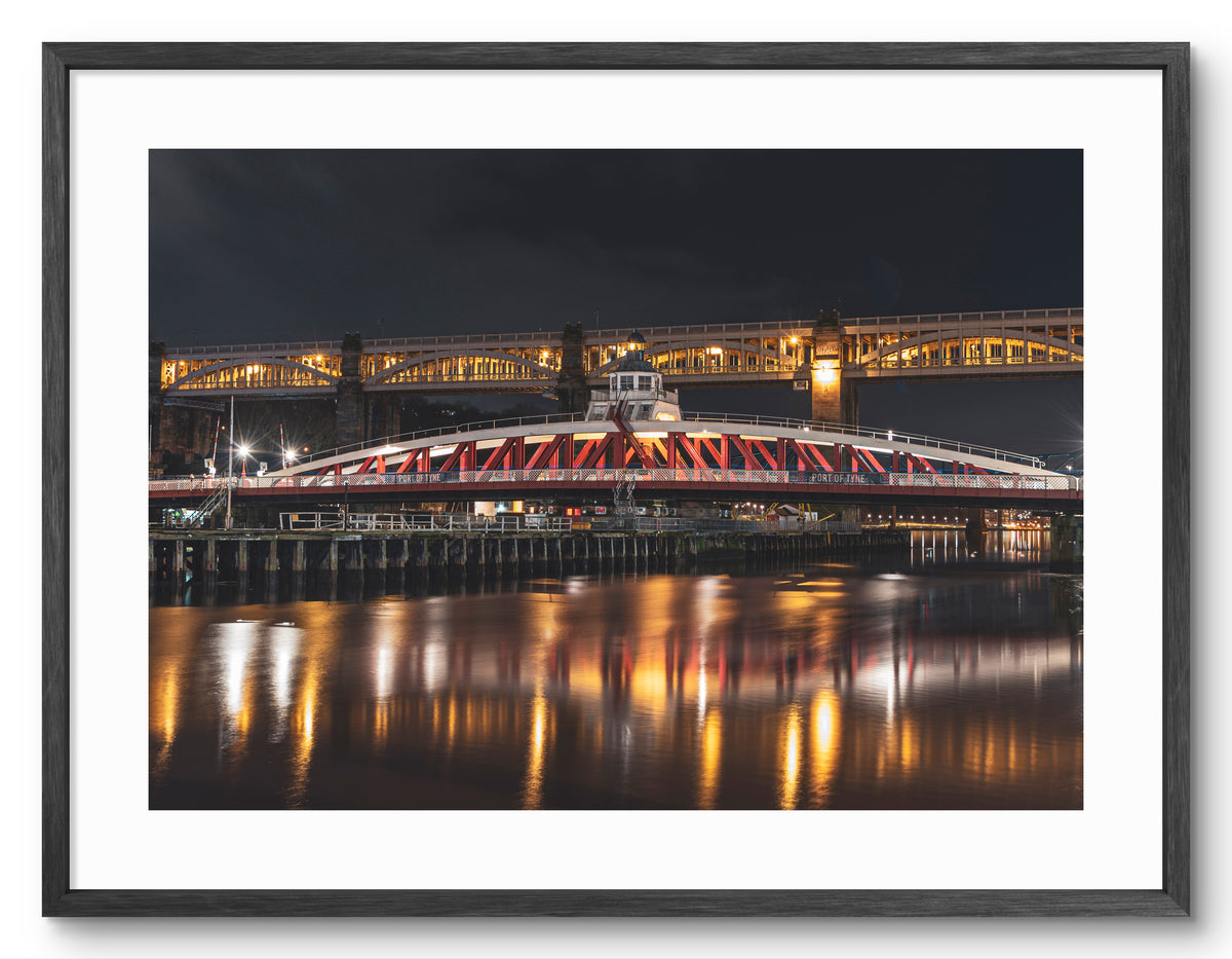 High Level Bridge - Swing Bridge - Newcastle at Night - Newcastle - Gateshead shown as a framed photographic print.
