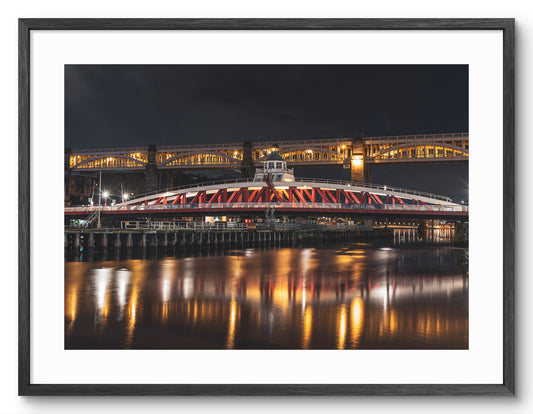 High Level Bridge - Swing Bridge - Newcastle at Night - Newcastle - Gateshead shown as a framed photographic print.