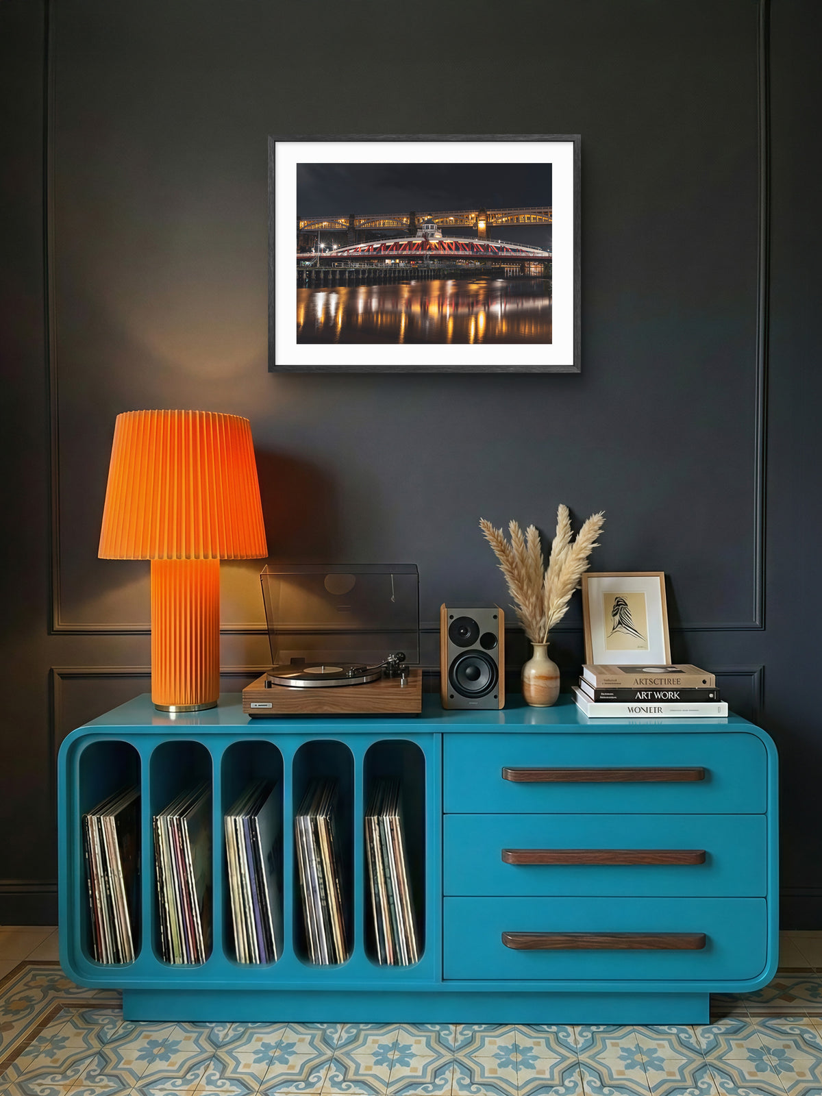 High Level Bridge - Swing Bridge - Newcastle at Night - Newcastle - Gateshead wall art displayed in a styled room setting.