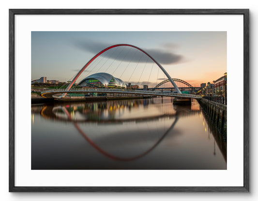 Millennium Bridge Gateshead - The Glasshouse (formally The Sage) - Gateshead shown as a framed photographic print.