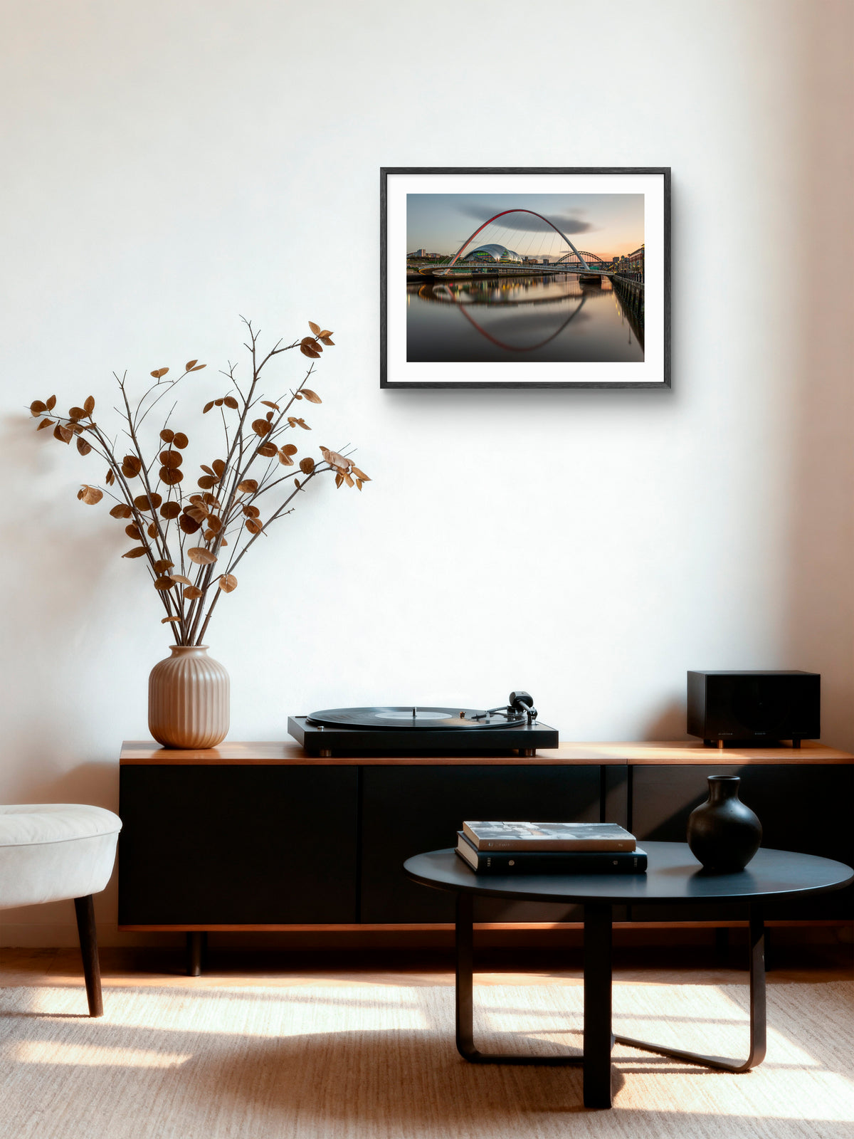 Millennium Bridge Gateshead - The Glasshouse (formally The Sage) - Gateshead wall art displayed in a styled room setting.