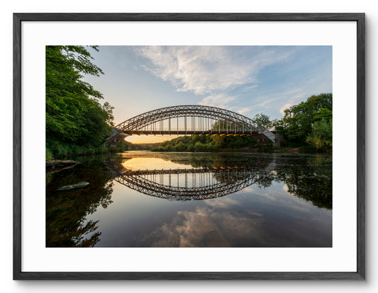 Wylam Railway Bridge Sunset - Points Bridge - Half Moon Bridge - Wylam - Northumberland shown as a framed photographic print.