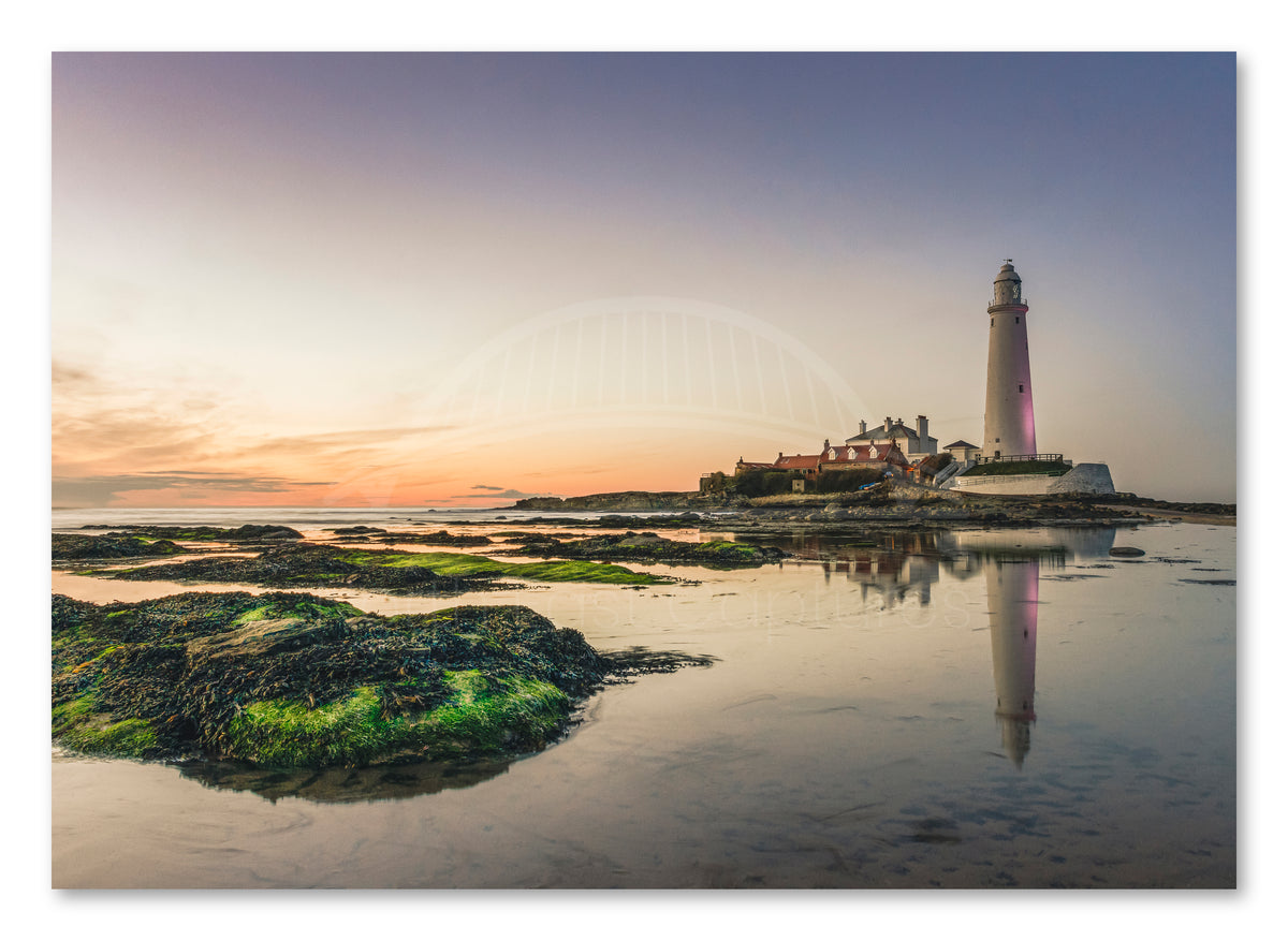 St Mary's Lighthouse - Seaweed Covered Rocks - Whitley Bay shown as a canvas print.