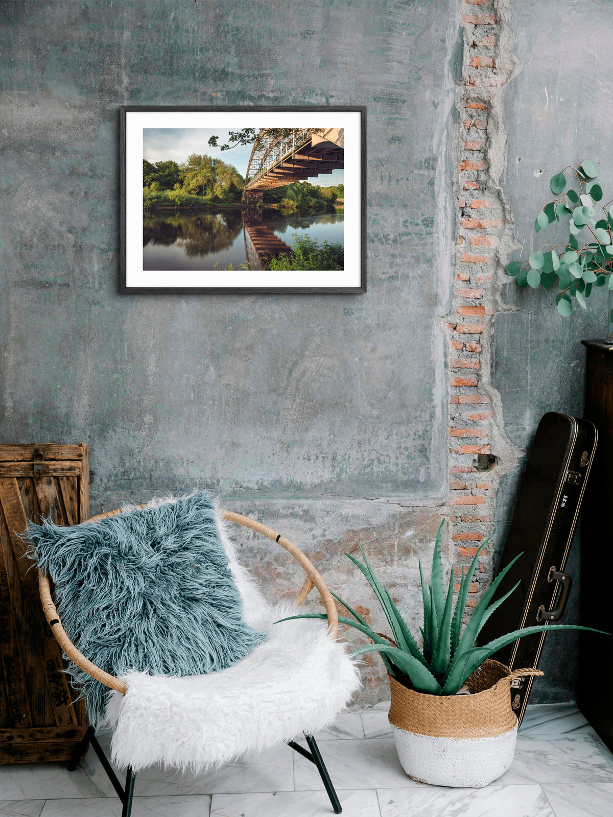 Wylam Bridge - Half Moon Bridge - Hagg Bank Bridge - Northumberland wall art displayed in a styled room setting.