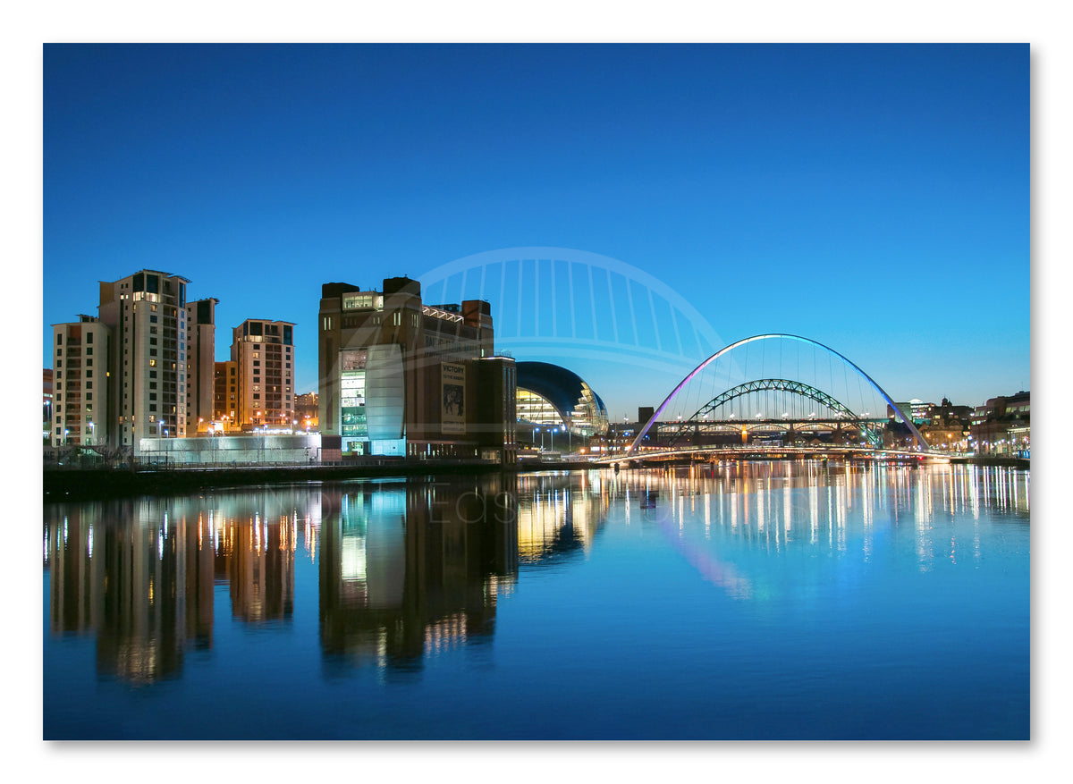 The Quayside and Millennium Bridge - Blue Hour - Newcastle - Gateshead shown as a canvas print.