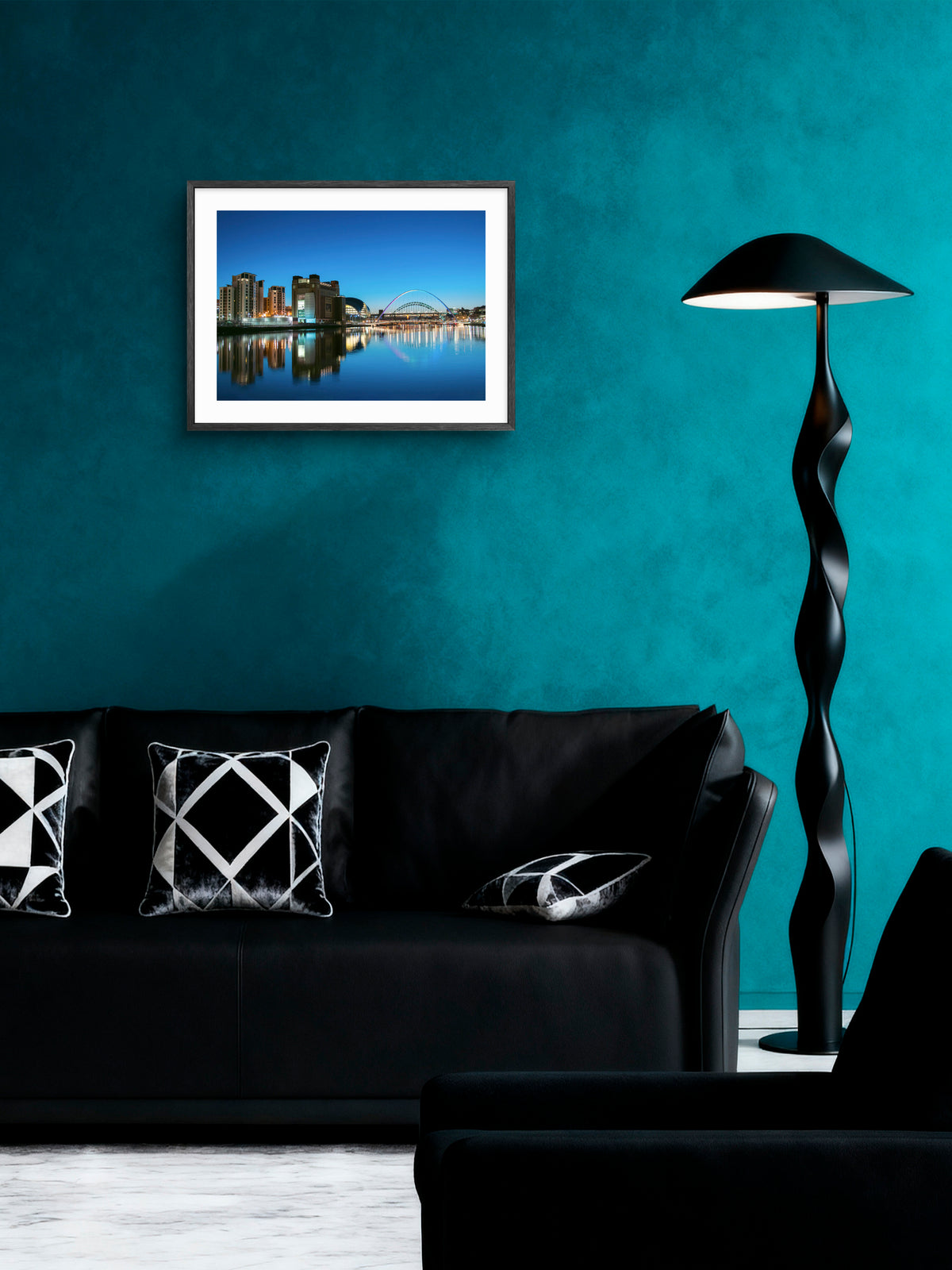 The Quayside and Millennium Bridge - Blue Hour - Newcastle - Gateshead wall art displayed in a styled room setting.