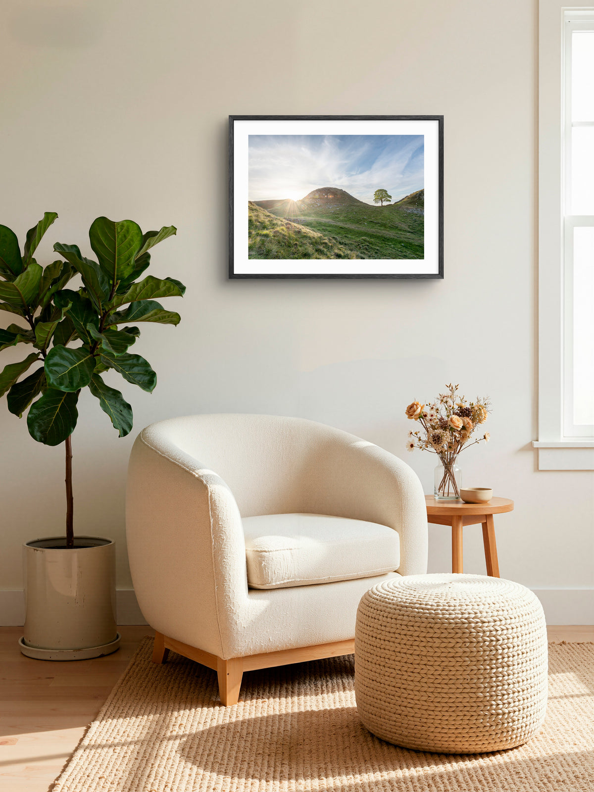 Sycamore Gap Tree - Sycamore Gap Sunset - Northumberland wall art displayed in a styled room setting.