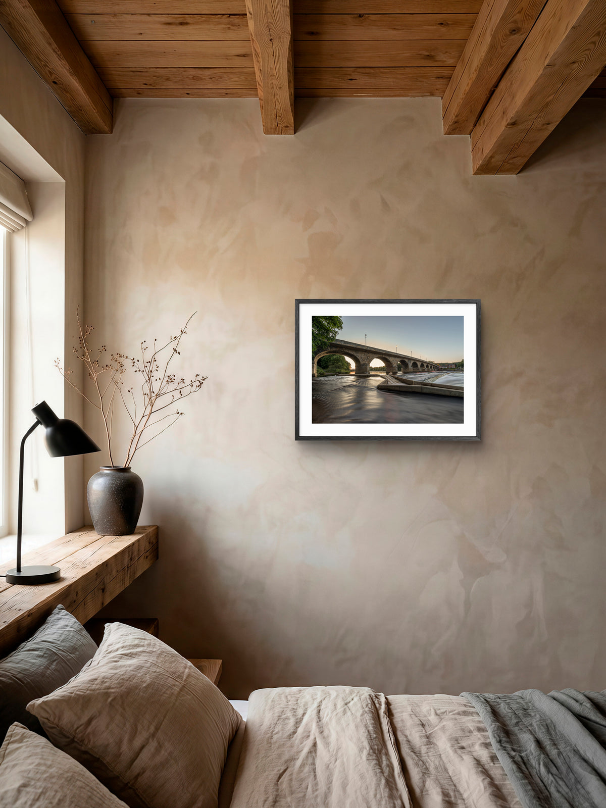 Hexham Bridge At Sunset - Hexham - Northumberland wall art displayed in a styled room setting.