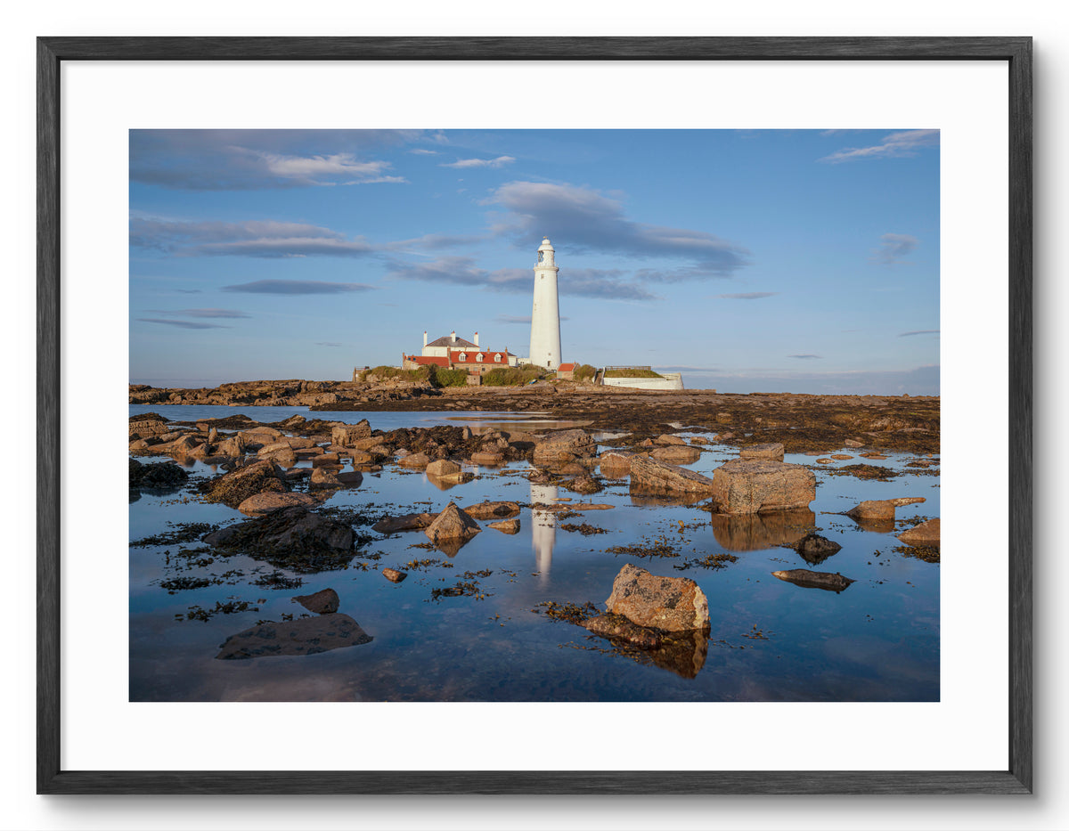 St Mary's Lighthouse - Rock Pool Reflections - Whitley Bay shown as a framed photographic print.