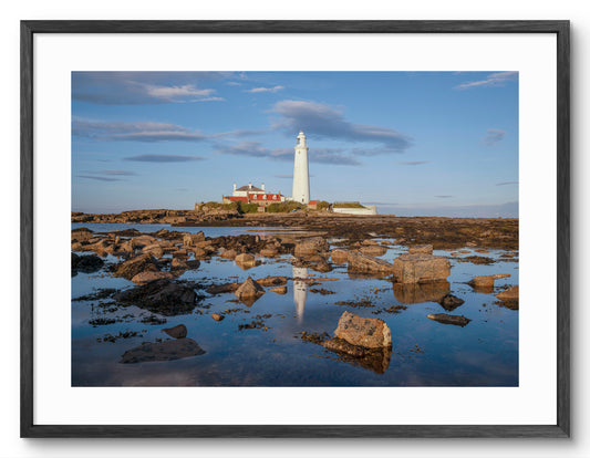 St Mary's Lighthouse - Rock Pool Reflections - Whitley Bay shown as a framed photographic print.