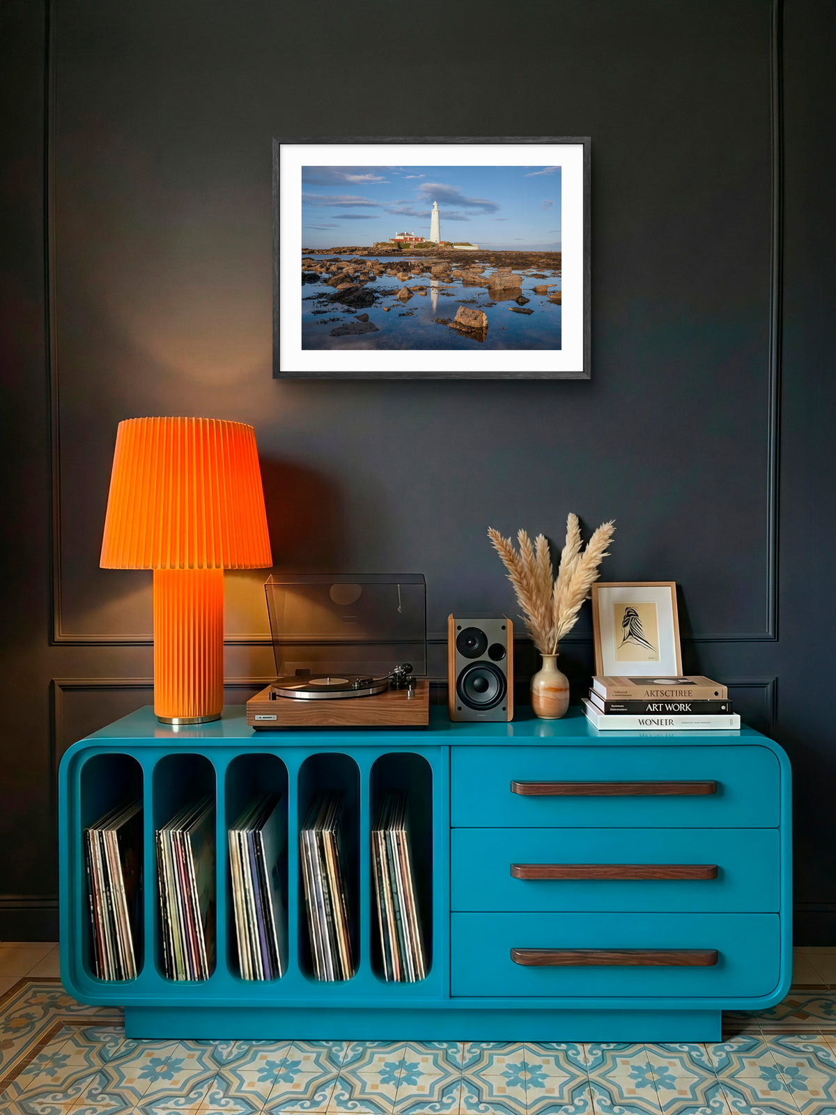 St Mary's Lighthouse - Rock Pool Reflections - Whitley Bay wall art displayed in a styled room setting.