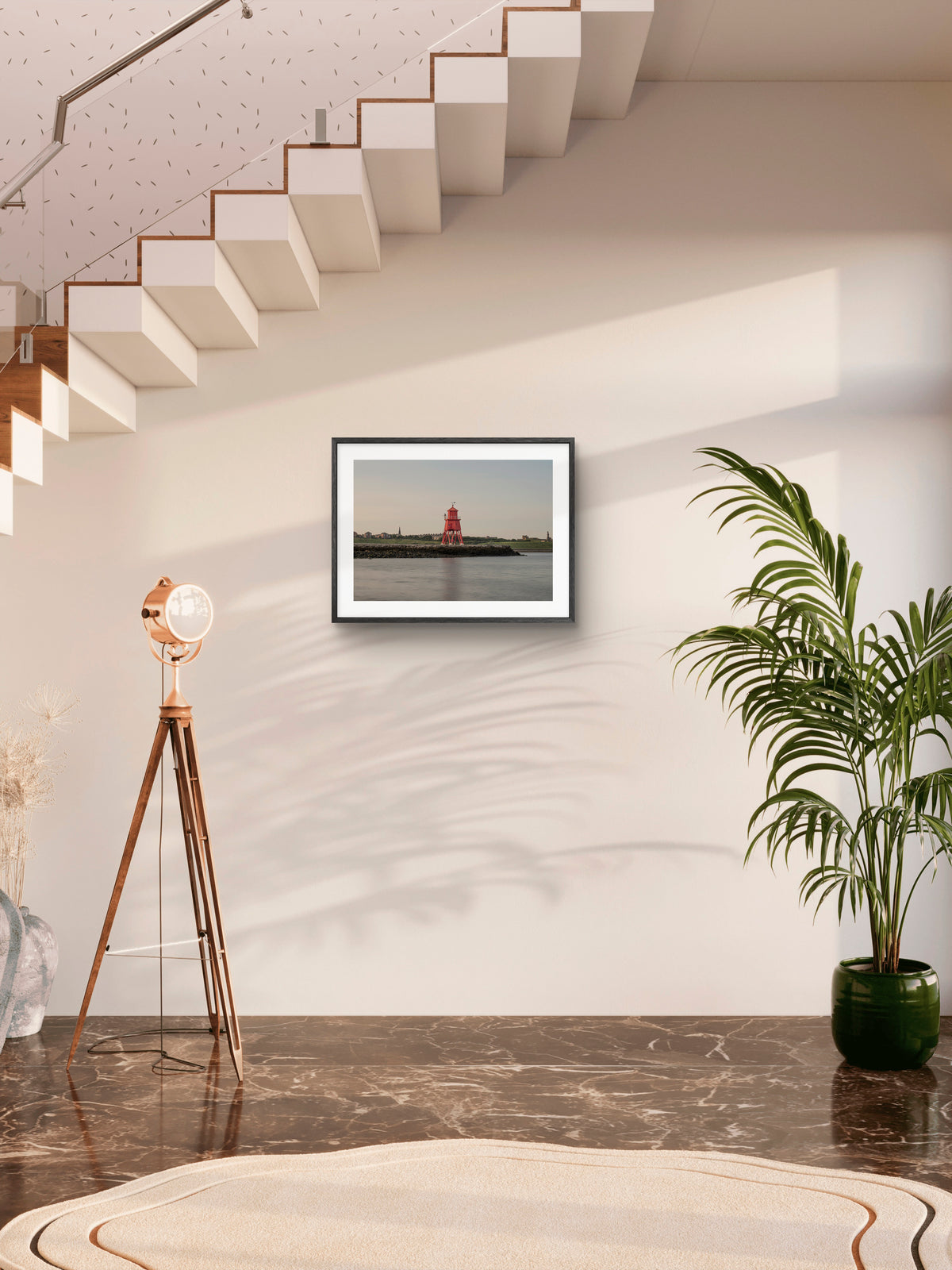 Herd Groyne Lighthouse - South Shield wall art displayed in a styled room setting.