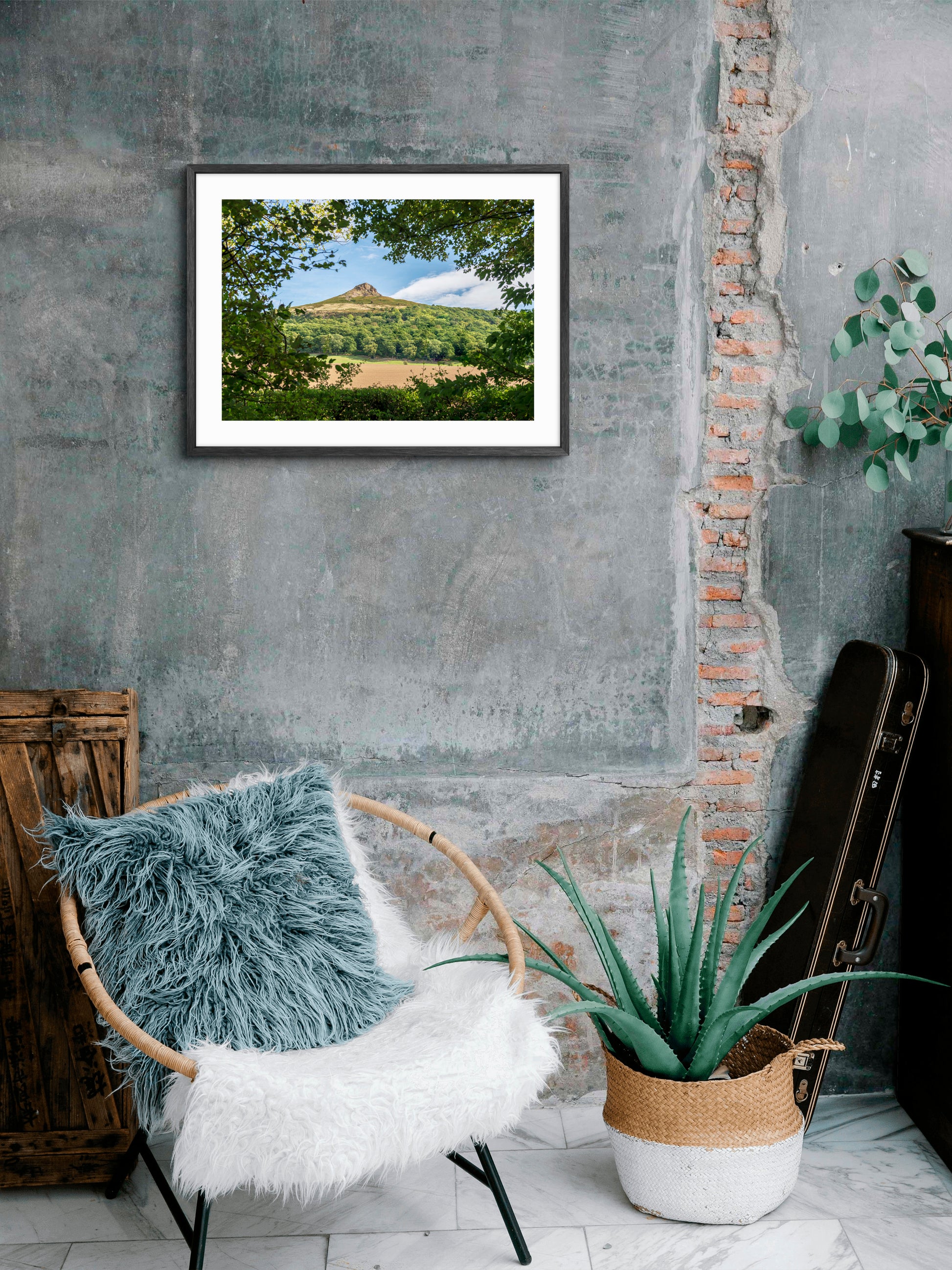 Roseberry Topping - Framed by Trees - North Yorkshire wall art displayed in a styled room setting.